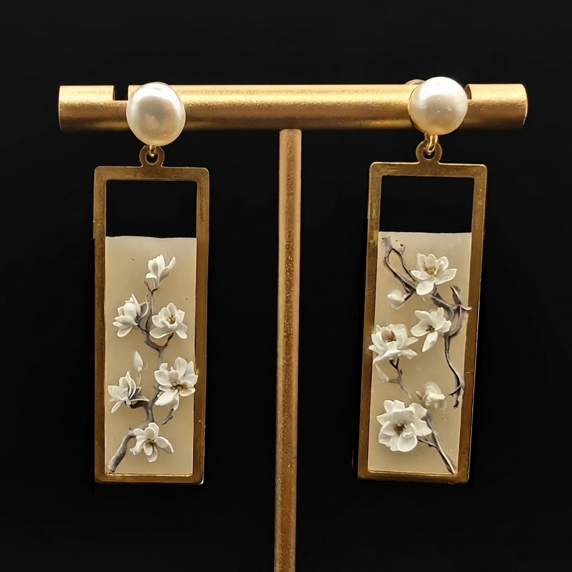 Magnolia Flowers Scroll Earrings